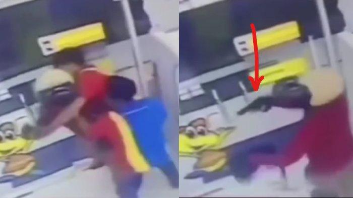 Pistol yang dibawa perampok (kanan) dan perlawanan pegawai minimarket (kiri)