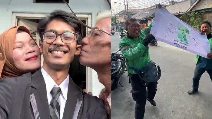 Postingan Baskoro dicium orang tuanya (kiri), dapat dukungan dari teman driver ojol (kanan)