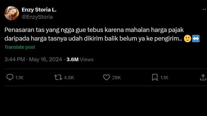 Postingan Enzy Storia di X tentang nasib tas yang tidak ditebus karena pajak bea cukai lebih mahal