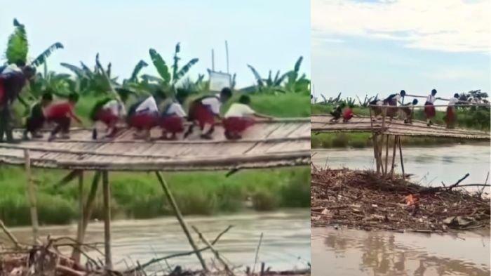Sekelompok bocah SD bertaruh nyawa jongkok melewati jembatan miring 1