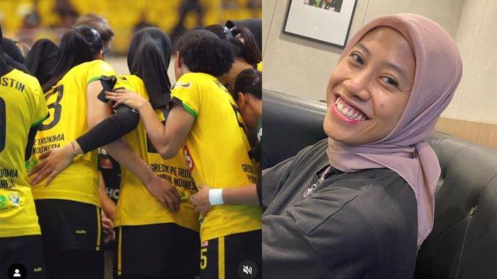 FINAL FOUR 2025 - Senyum ceria Megawati Hangestri Pertiwi (KANAN) bintang voli yang kini bermain untuk Gresik Petrokimia Pupuk Indonesia di ajang Final Four Proliga 2025 dalam postingan di Instagram pribadinya (11/4/2024). Tim Megawati, Gresik Petrokimia Pupuk Indonesia (KIRI) saat bertanding melawan Popsivo Polwan (26/4/2025) di GOR Jatidiri, Semarang.