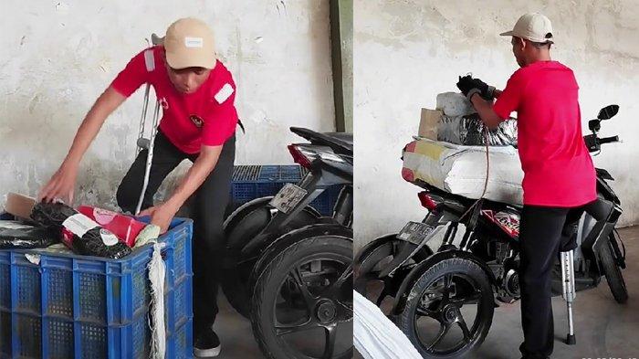 Sirilus Siko kurir paket disabilitas viral di Surabaya mengemas barang