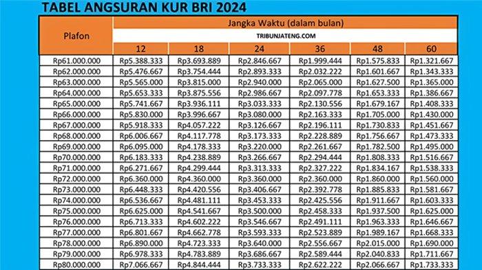 Tabel angsuran KUR BRI 2024 Rp 61- 80 juta