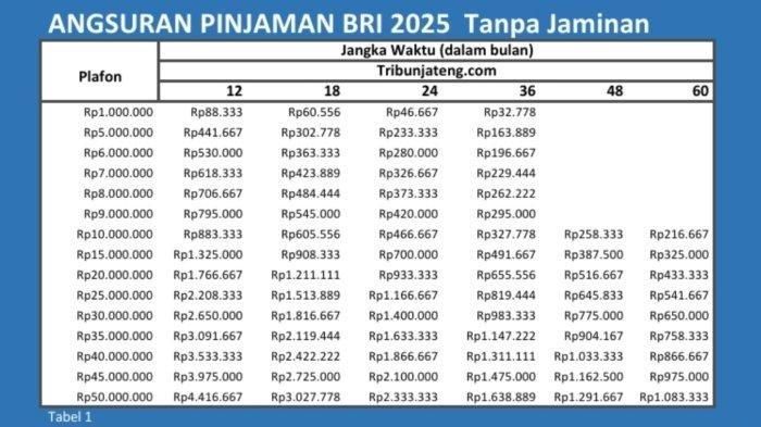 KUR BRI 2025 - Tabel pinjaman BRI tanpa jaminan Rp 1 Juta - Rp 50 Juta