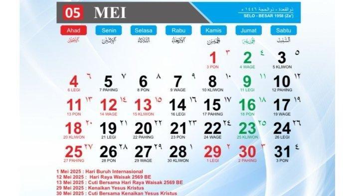 KALENDER 2025 - Tangkapan layar kalender tahun 2025 yang diambil dari situs komenterian Agama (kemenag), Sabtu (26/4/2025). Kalender Mei 2025: Ada Potensi Long Weekend, Ini Jadwal Libur dan Cuti Bersama!