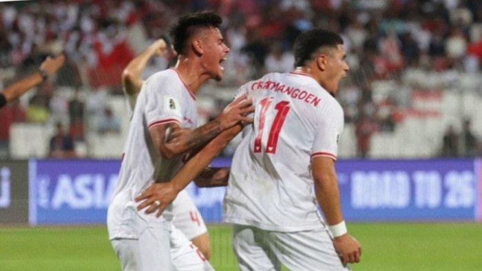 Selebrasi pemain Timnas Indonesia saat dijamu Bahrain di Stadion Nasional Bahrain, Kamis (10/10/2024) malam. Laga Grup C putaran ketiga Kualifikasi Piala Dunia 2026 Zona Asia.