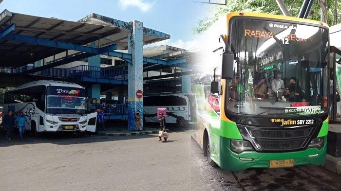 TRANS JATIM MALANG - Suasana di Terminal Arjosari Kota Malang, Rabu (19/4/2023)-(KIRI) - Bus Trans Jatim Surabaya-Gresik (KANAN) berhenti untuk menurunkan penumpang di halte. Rencananya, Trans Jatim Malang Raya akan mulai beroperasi di bulan Oktober 2025.