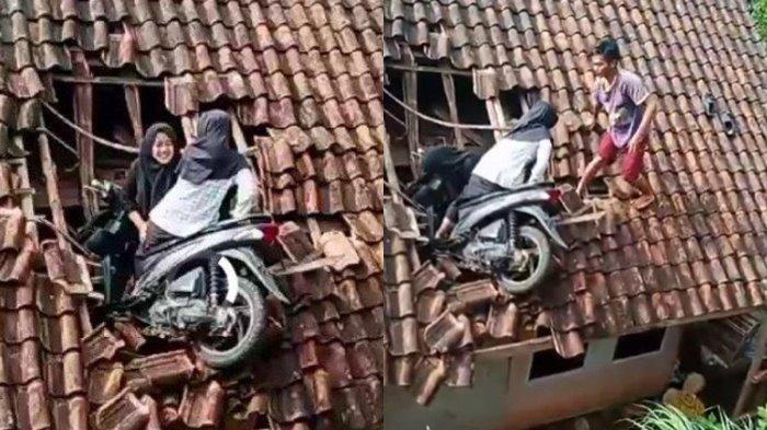 Video viral 2 cewek naik motor nyungsep di genting warga