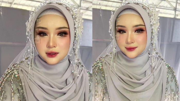 Wajah pengantin tampak cantik mempesona