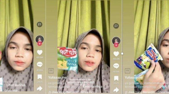 Wanita muda memprotes pemberian makanan untuk mencegah stunting dari Posyandu viral di media sosial. Makanan berupa jajanan seharga gopek alias Rp 500. (TikTok)