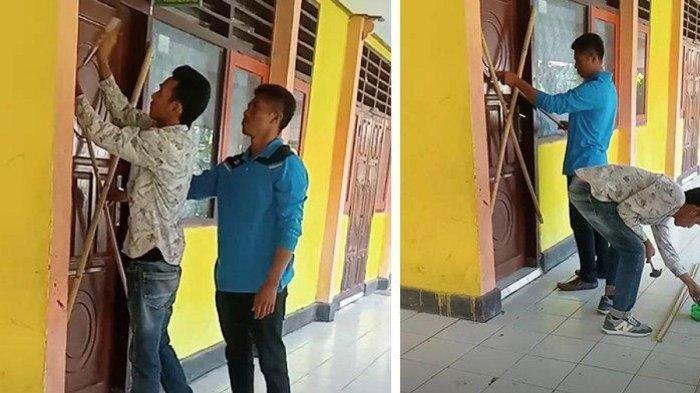 Tangkapan layar video guru dan staf SMPN 2 Monta, Kabupaten Bima saat menyegel ruangan kepala sekolah. Video berdurasi 3 menint 44 detik memperlihatkan ruangan kepala SMPN 2 Monta dipaku menggunakan bilahan bambu.