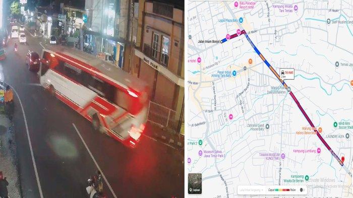 ILUSTRASI - Rekaman CCTV yang menunjukkan laju bus pariwisata yang alami rem blong di depan Batos kota Batu, Rabu (8/1/2025) dan peta lokasi rute laju bus saat alami rem blong sejauh 2 Km dari Jl Imam Bonjol hingga Jl Ir Soekarno Batu