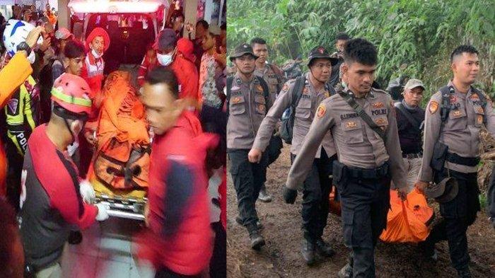 Personel Polda Sumbar saat mengevakuasi korban erupsi Gunung Marapi di Batu Palano, Kecamatan Sungai Pua, Kabupaten Agam, Sumatera Barat (Sumbar), Selasa (5/12/2023) (foto kanan) dan Jenazah korban erupsi Gunung Marapi berhasil dibawa ke RSAM Bukittinggi, Selasa (5/12/2023).