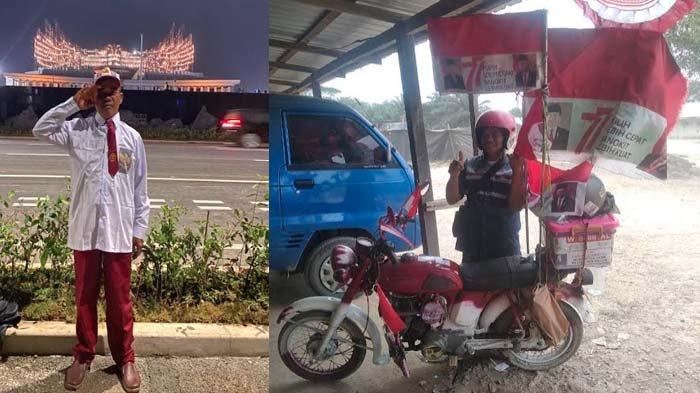 Muklasin, seorang pedagang pentol korea tiba di Ibu Kota Negara, Rabu (14/8/2024) malam. Warga Desa Sumput , Driyorejo , Gresik, Jawa Timur itu nekat berangkat ke IKN dengan memngendarai motor Yamaha Tua. Foto :