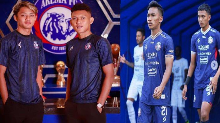 Dua pemain muda Ginanjar Wahyu dan Achmad Maulana Syarif saa resmi diperkenalkan oleh Arema FC, Minggu (11/6/2023) (foto kiri) dan dua pemain muda yang dimiliki Singo Edan sebelumnya, Arkhan Fikri dan Achmad Figo.