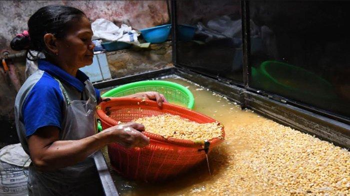 Pekerja membuat tempe berbahan kedelai di sentra industri Tempe Sanan, Kota Malang, Jawa Timur, Selasa (16/7/2024).