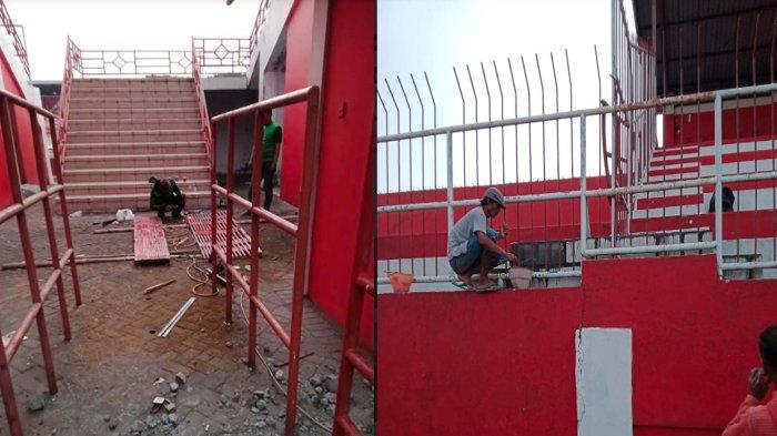 Proses perbaikan pintu Stadion Soepriadi Blitar oleh Arema FC, Rabu (1/8/2024) sebelum nantinya digunakan sebagai kandang untuk musim kompetisi Liga 1 2024/2025