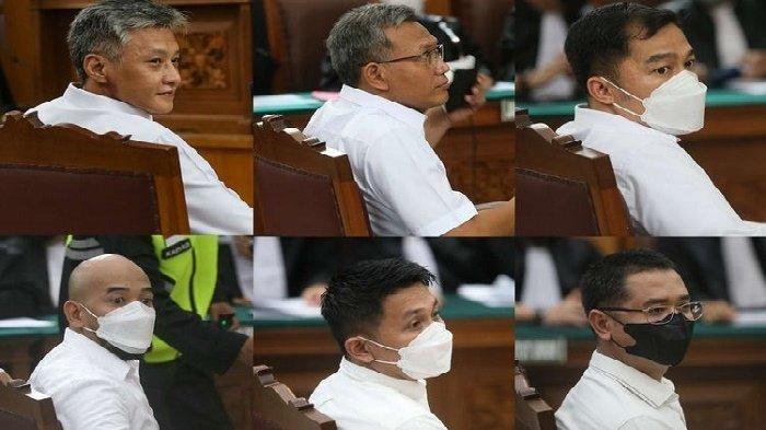 OBSTRUCTION OF JUSTICE: Terdakwa obstruction of justice kasus pembunuhan berencana Nofriansyah Yoshua Hutabarat atau Brigadir J, Brigjen Hendra Kurniawan (kiri atas), Kombes Agus Nurpatria (tengah atas), AKBP Arif Rahman (kanan atas), Kompol Baiquni Wibowo (kiri bawah), Kompol Chuck Putranto (tengah bawah), AKP Irfan Widyanto. (KOMPAS.com/KRISTIANTO PURNOMO)