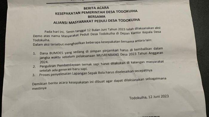 Surat perjanjian pemerintah desa bersama warga setempat tertanggal 12 Juni 2023