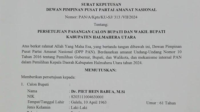 Rekomendasi B1-KEK Partai Amanat Nasional (PAN) diserahkan pada bakal calon Bupati dan wakil Bupati Halmahera Utara Dr Piet Hein Babuda dan Dr Hi Kasman Hi Ahmad