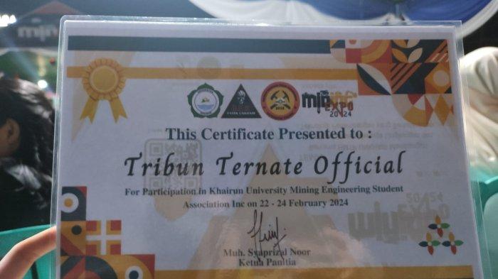 Sertifikat penghargaan yang diterima TribunTernate.com sebagai Media Patner pada kegiatan Mining Expo III 2024 HMTP Unkhair Ternate.