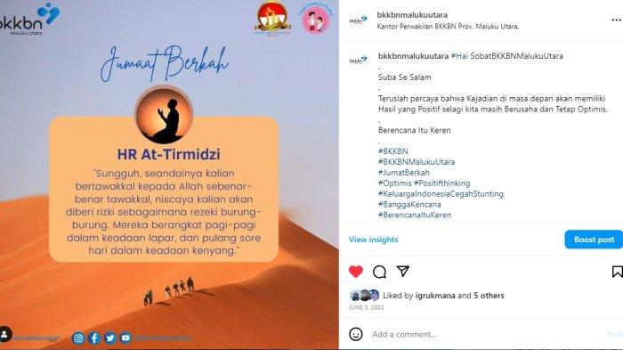 BKKBN Provinsi Maluku Utara membuat Inovasi terkait Kampanye Motivasi Percepatan Penurunan Stunting melalui Postingan Media Sosial yang diutamakan pada Instagram @Bkkbnmalukuutara dan FB @BKKBN Maluku Utara, Inovasi ini bernama “ Jumat Berkah”.
