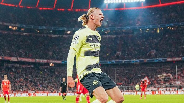 Bintang Manchester City, Erling Haaland, setelah membobol gawang Bayern Munich.