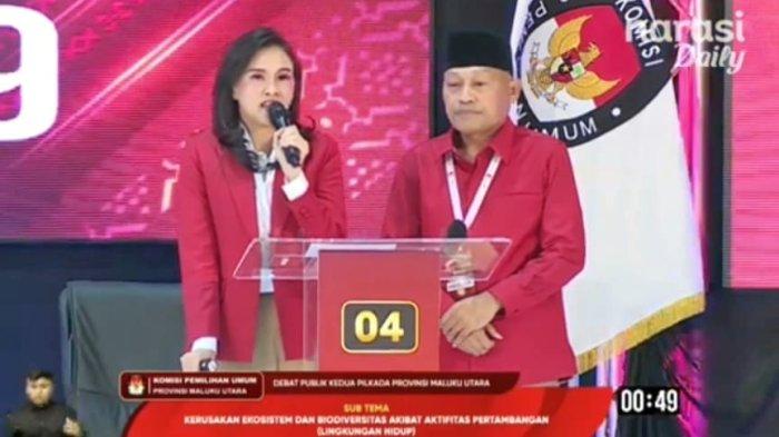 PILKADA: Pasangan Calon Gubernur (Cagub) dan Calon Wakil Gubernur (Cawagub) Maluku Utara nomor urut 4 Sherly Tjoanda dan Sarbin Sehe pada debat publik kedua, Selasa (19/11/2024)