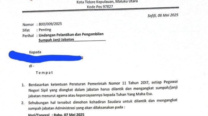PELANTIKAN - Undangan pelantikan pejabat lingkup Pemprov Maluku Utara yang sudah beredar di sejumlah media sosial, Rabu (7/5/2025).