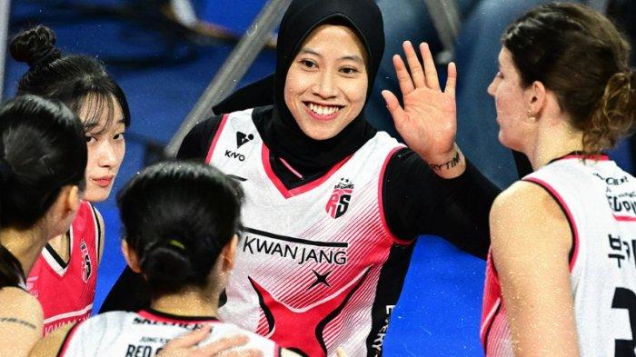 Pemain voli Red Sparks, Megawati Hangestri Pertiwi, selebrasi