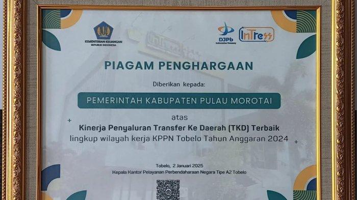 PENGHARGAAN - Pemerintah Kabupaten Pulau Morotai atas Kinerja Penyaluran Transfer ke Daerah (TKD) Terbaik
di lingkup wilayah kerja KPPN Tobelo Tahun Anggaran 2024