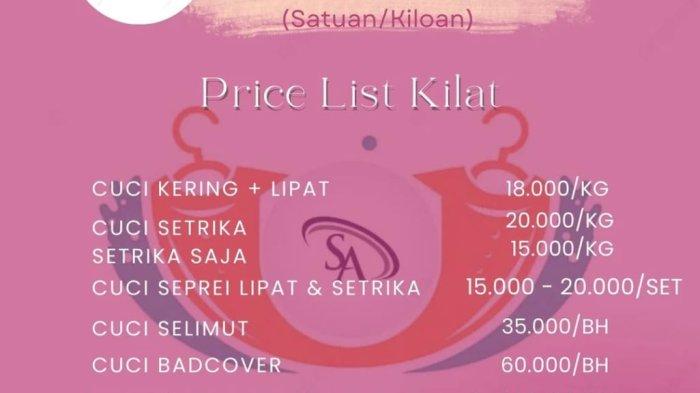 List harga SA Laundry yang berlokasi di Kelurahan Kalumata, Kecamatan Ternate Selatan.