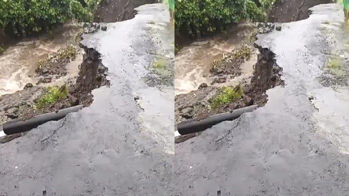 BENCANA: Tampak salah satu jalan di Kelurahan Ngade, Ternte Selatan, Maluku Utara ambruk akibat tanah longsor, Kamis (19/6/2025)