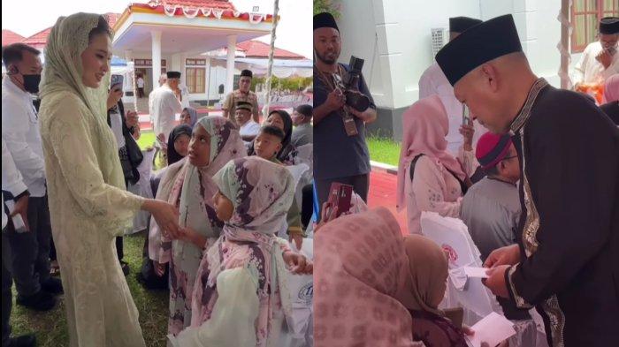 Gubernur Maluku Utara, Sherly Laos atau Sherly Tjoanda, dan sang wakil, Sarbin Sehe, bagi-bagi amplop berisi uang tunai ke warganya pada Senin, 31 Maret 2025. Gambar tangkap layar diambil dari Instagram.com/s_tjo