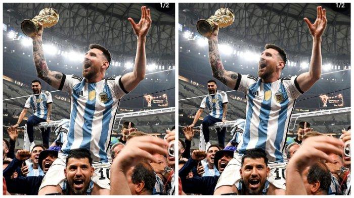 KOLASE FOTO Sergio Aguero menggendong Lionel Messi di pundaknya dalam selebrasi kemenangan Argentina menjadi juara Piala Dunia 2022 di Lusail Stadium, Minggu (18/12/2022).