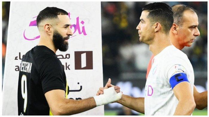 Karim Benzema dan Cristiano Ronaldo sebelum pertandingan Al Nassr vs Al Ittihad pada Selasa (26/12/2023) malam waktu setempat, dalam Matchday 17 Liga Pro Saudi 2023-2024 di di Prince Abdullah al-Faisal Stadium. Al Nassr menang dengan skor 5-2 atas Al Ittihad.