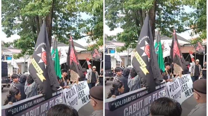 DEMO - Sejumlah mahasiswa dan NGO menggelar aksi di depan Polda Maluku Utara. Mereka menuntut untuk mengusut aktivitas PT. STS di Halmahera Timur, Jumat (2/5/2025).