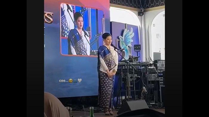 EDELYN LAOS - Putri Sherly Laos, Edelyn Laos saat memberikan sambutan di acara ramah taman Pelantikan Gubernur dan Wakil Gubernur Maluku Utara, Kamis (20/2/2025).