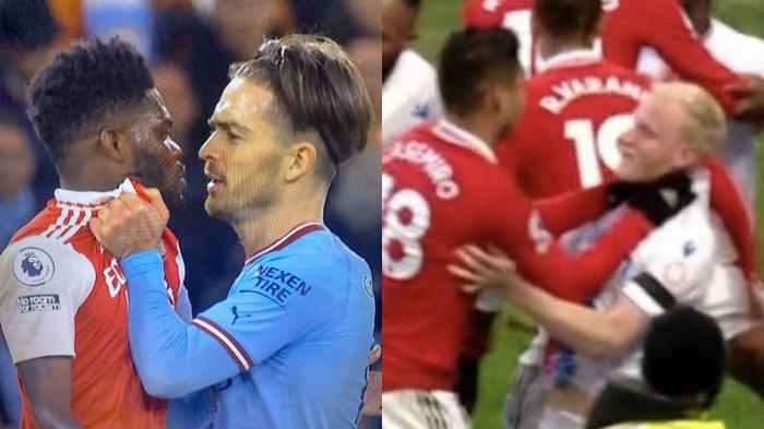 (Kiri) Bintang Manchester City Jack Grealish menarik kerah bintang Arsenal Thomas Partey - (Kanan) Bintang Manchester United Casemiro mencekik leher bintang Crystal Palace Will Hughes