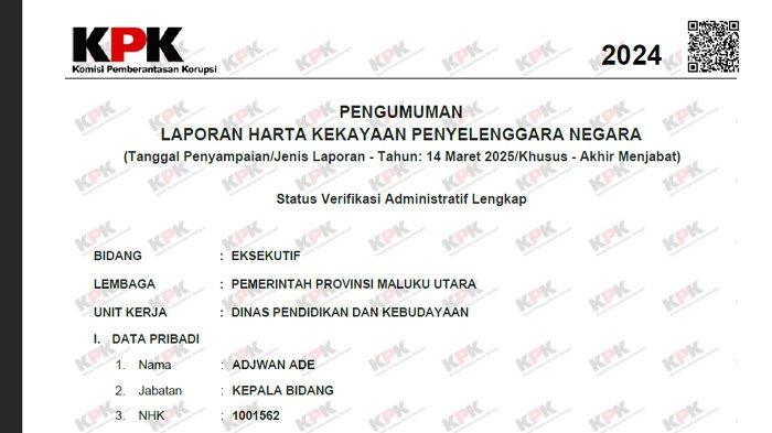 LHKPN - Tangkapan layar LHKPN Adjwan Ade, Rabu (2/7/2025).