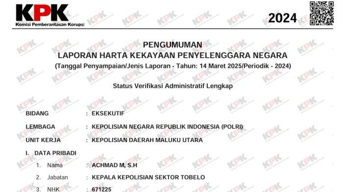 LHKPN - Tangkapan layar LHKPN milik Iptu Achmad. Ia memiliki harta kekayaan Rp752.200.000, dilansir pada Sabtu (12/4/2025).