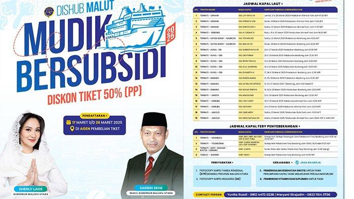 MUDIK BERSUBSIDI - Kolase dua flayer dari Dishub Maluku Utara yang berisi informasi jadwal Kapal Laut dan Ferry untuk program mudik bersubsidi dari Pemprov Maluku Utara.