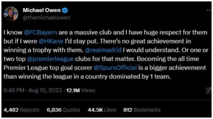 Cuitan legenda Liverpool dan Manchester United, Michael Owen, mengenai kepindahan Harry Kane dari Tottenham Hotspur ke Bayern Munich, Kamis (10/8/2023).