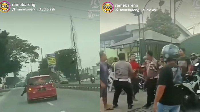 Tangkapan layar pada video Instagram @ramebareng merekam seorang Polantas tersangkut pada kap mobil yang melaju kencang di Kecamatan Pati, Kabupaten Kudus, Jawa Tengah.
