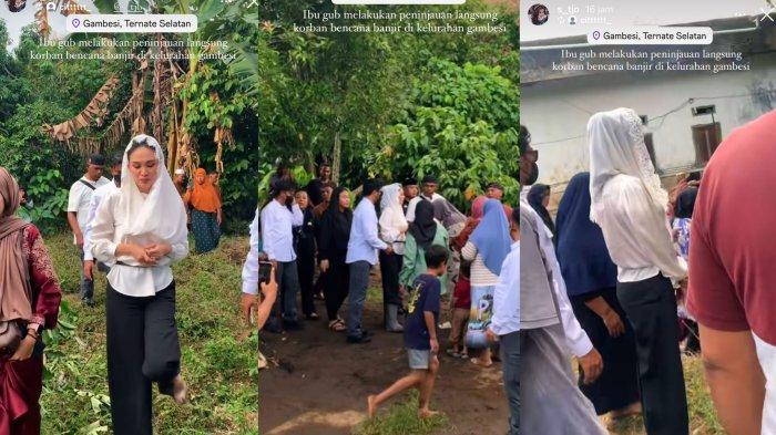BANJIR DI TERNATE - Gubernur Maluku Utara Sherly Laos saat tinjau lokasi banjir di Kelurahan Gambesi, Kecamatan Ternate Selatan, Kota Ternate, Maluku Utara, Senin (31/3/2025) atau hari pertama Lebaran. Kolase foto dari tangkapan layar pada instagram story @s_tjo, Selasa (1/4/2025).
