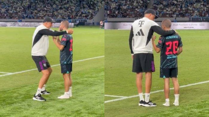 Beredar viral video gelandang Manchester City, Bernardo Silva, dan pelatih Bayern Munich, Thomas Tuchel, tampak sedang mengobrol dengan seru.