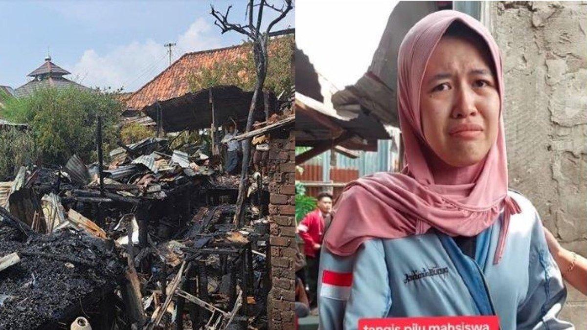 Seorang mahasiswa Universitas Sriwijaya (Unsri), Palembang, Sumatra Selatan menangis saat rumahnya terbakar.