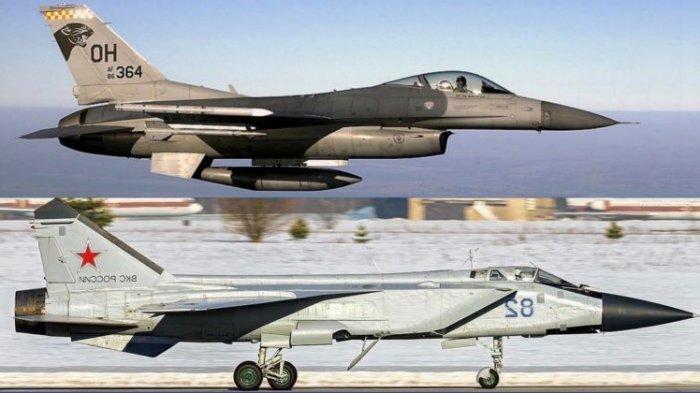 Jet tempur F-16 (atas) dan jet MiG-31BM. Ukraina dan Rusia