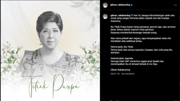 Ungkapan duka cita dari Gibran untuk Titiek Puspa