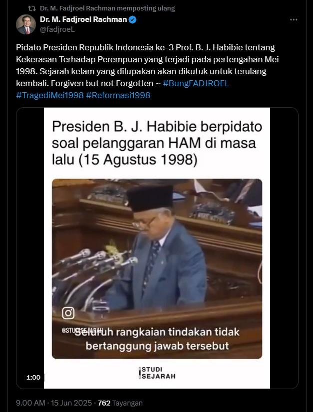 Fadjroel Rachman membagikan video pidato Presiden ke-3 RI, BJ Habibie
